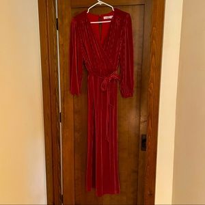 Ali & Jay red ribbed velvet wide legged jumpsuit, size small with self belt.